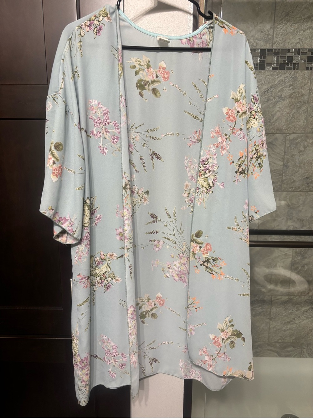 Light Blue Green Floral Open Kimono